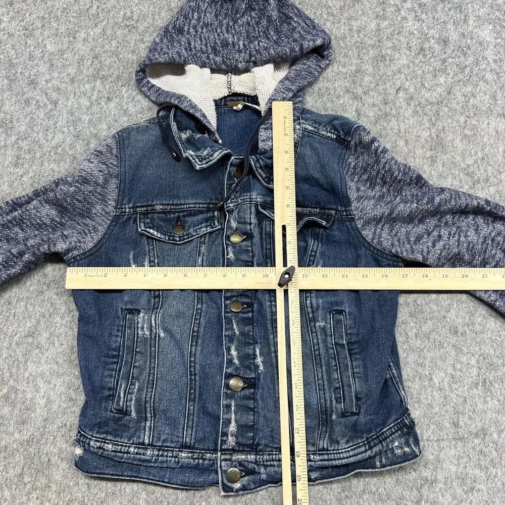 Free People Jacket Womens S Blue Denim Jean Hooded Knit Sleeve Distressed - Picture 13 of 16
